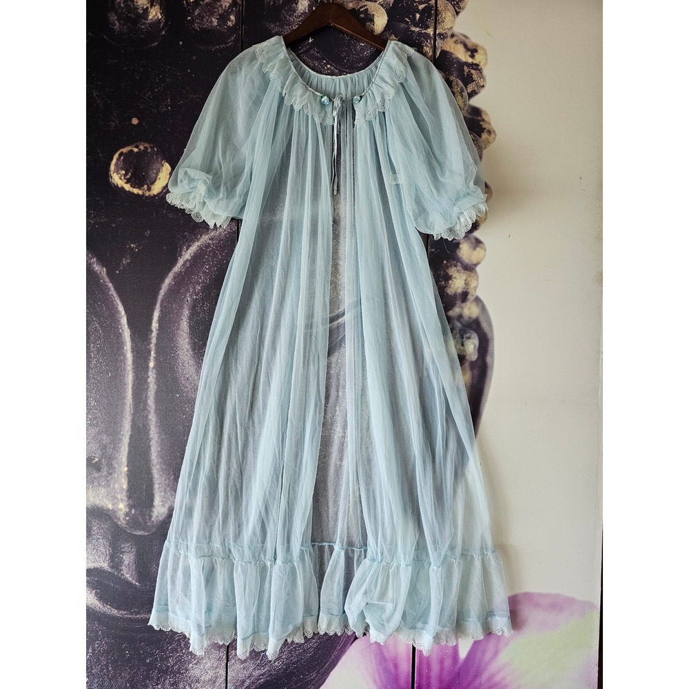 Tosca Lingerie Vintage Blue Sheer Lace Ruffle Peignoir Robe Maxi Gown 6958 Large